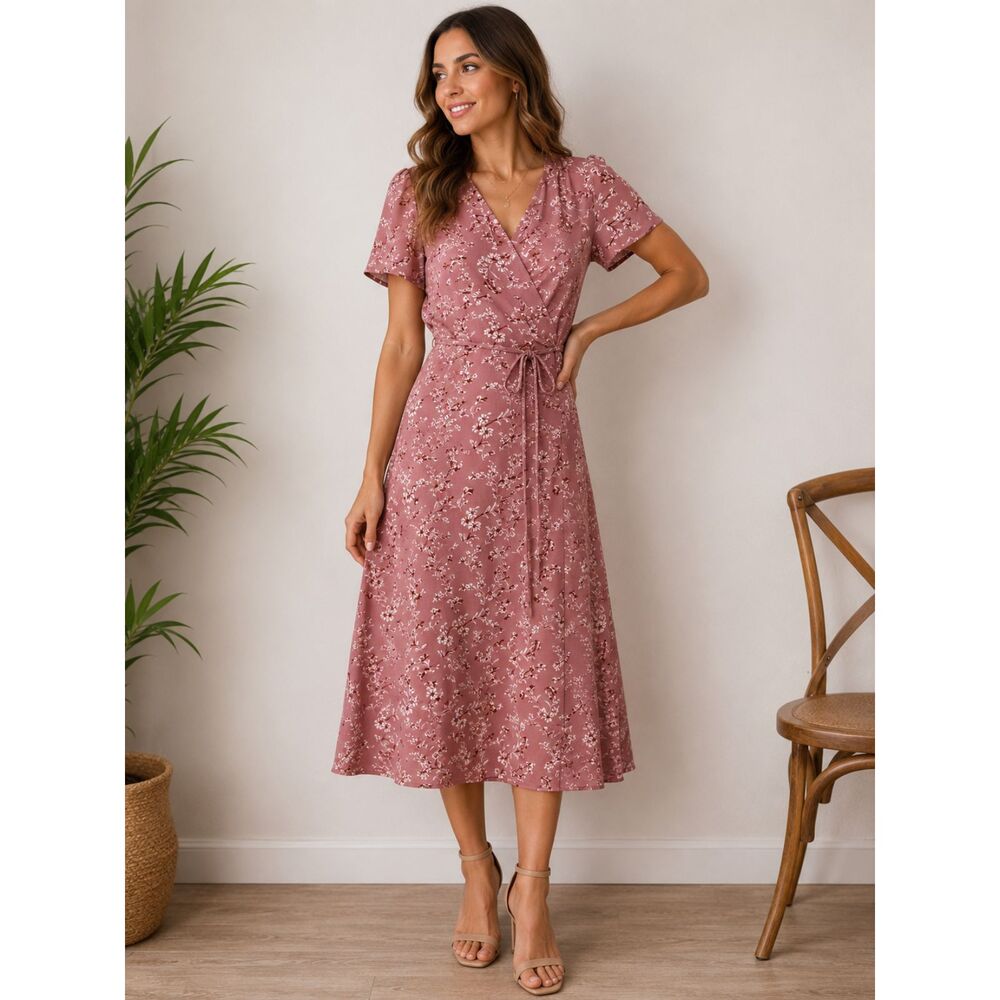 SHEIN Women's M Dusty Pink Floral Wrap Midi Dress Tie Waist Short Sleeve